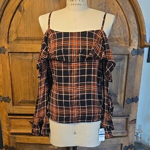 INC International Concepts Black and Orange Checkered Blouse